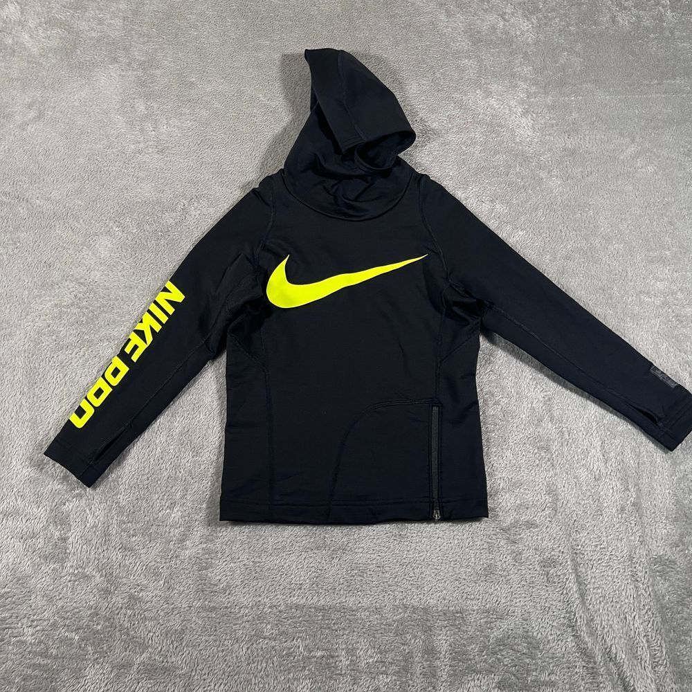 Nike Pro Hyperwarm Hoodie Fitted‎ Kids Black Yellow Swoosh Training Top
